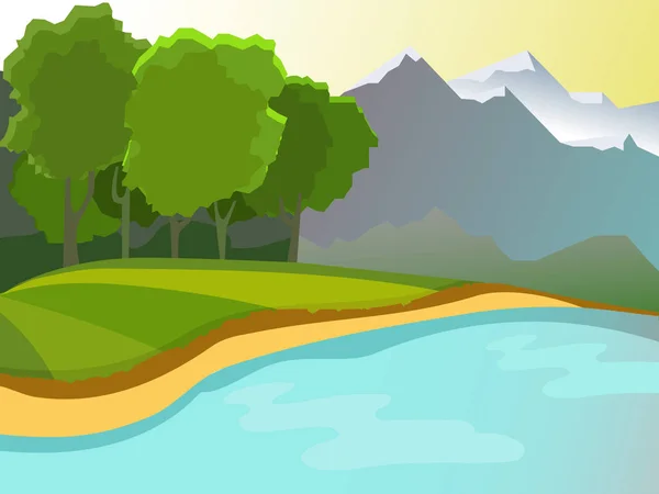 Paysage estival. Paysage sur le fond de l'étang, les montagnes et les forêts . — Image vectorielle