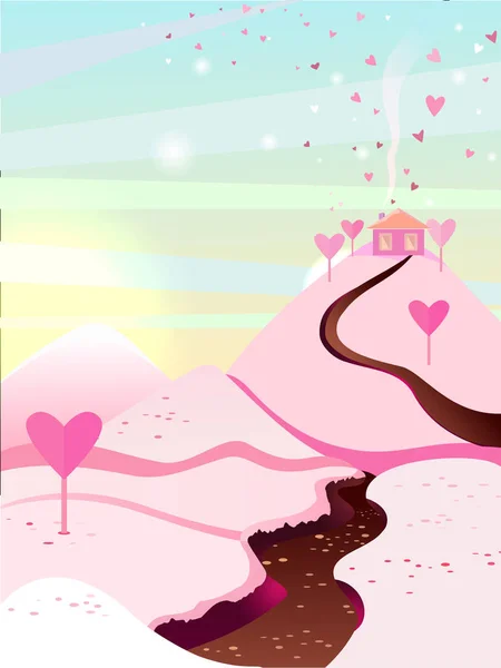 Ilustração vetorial. Paisagem com um rio de chocolate e montanhas de açúcar . —  Vetores de Stock