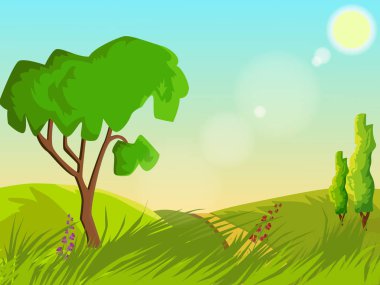 Yaz manzara. Çiçekler ve ağaçlar yeşil çim. Açık havada.