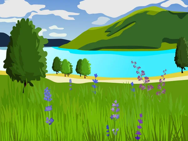 Paysage estival. Pelouse verte avec fleurs et arbres. Lac et montagnes. Temps clair . — Image vectorielle