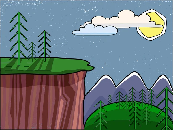 Paisaje de verano. Acantilados altos. Abeto verde en la cima de la montaña . — Vector de stock