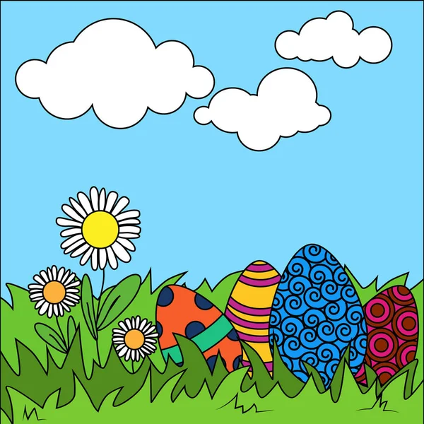 Velikonoční vajíčka na trávníku. Heřmánek na mýtině. — Stockový vektor