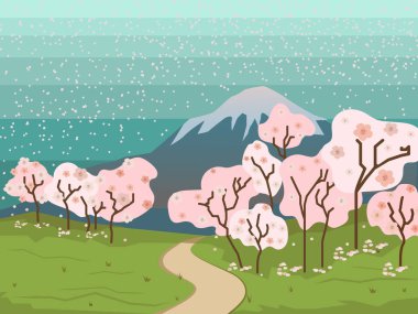 Bahar manzara. Asya. Sakura Bloom. Dağlar.