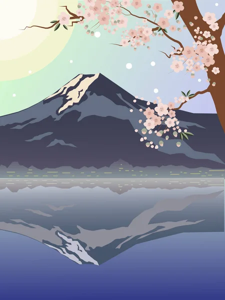Paisagem primavera. Ásia. Florescimento Sakura. Montanhas com reflexão na água . — Vetor de Stock