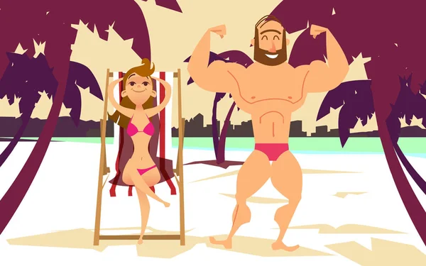 Młoda kobieta w bikini na plaży. Młody człowiek z mięśni na plaży. — Wektor stockowy