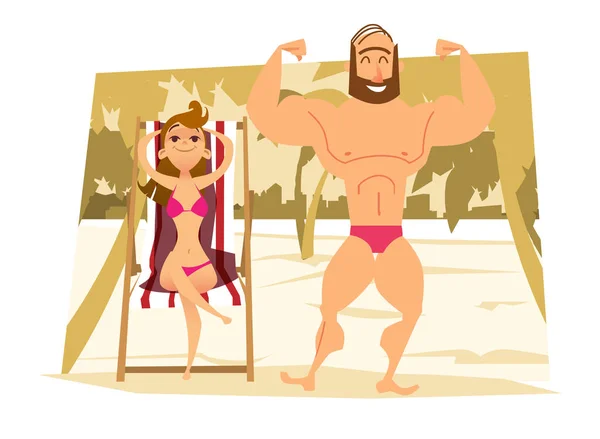 Młoda kobieta w bikini na szezlong. Młody człowiek z mięśni na plaży. — Wektor stockowy
