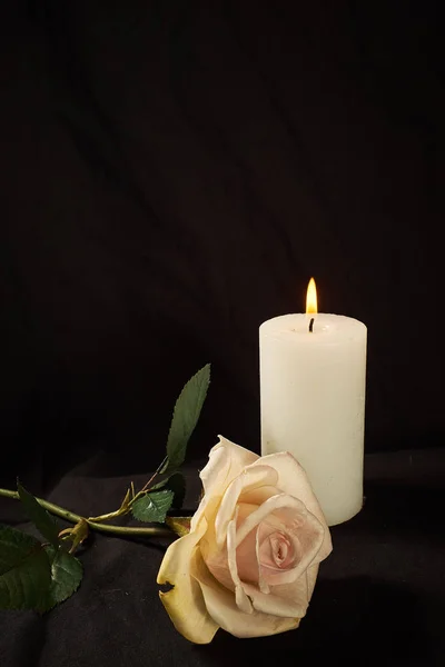 Brennende Kerze und eine schöne Rose auf schwarzem Hintergrund — Stockfoto