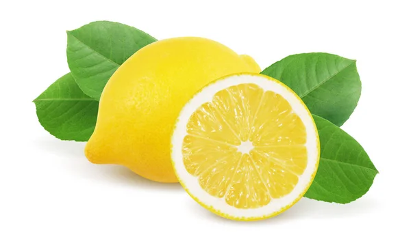 Beyaz arkaplanda yaprakları olan limon.