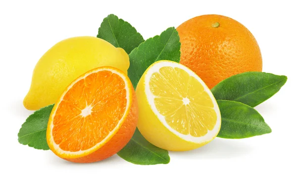 Lemon and orange with leaves isolated on white background. — Stock Photo, Image