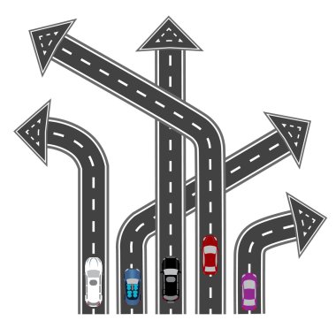 Yollar farklı yönlere gidiyor. Ok şeklinde yerler. Soyut görüntü. Illüstrasyon