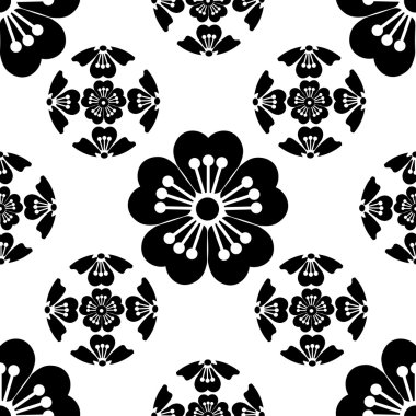 Sakura dikişsiz stilize çiçek, bahar gelişini sembolize, Japon sembolleri, beyaz arka plan siyah, izole, illüstrasyon