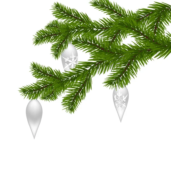 Δύο πράσινα, ρεαλιστικά, με τα παιχνίδια της Πρωτοχρονιάς, κλαδιά ερυθρελάτης. Χριστουγεννιάτικα κλαδιά από ερυθρελάτη. Απομονωμένος σε λευκό φόντο. Χριστουγεννιάτικη εικόνα — Διανυσματικό Αρχείο