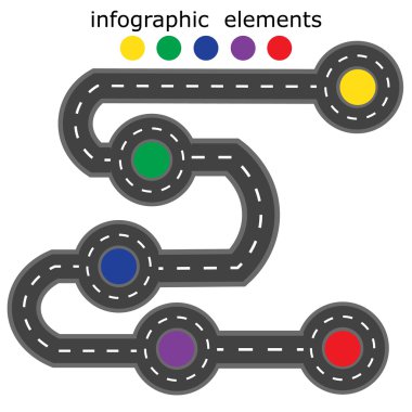 Yol bilgi grafikleri. Farklı renklerle işaretlenmiş beş farklı noktaları ile Yol. Illüstrasyon