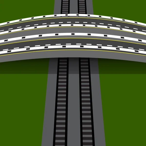 Paso elevado del coche cruzando el ferrocarril. Un puente de arco. ilustración — Vector de stock