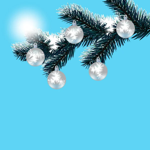Natal, cartão de Ano Novo. Dia de inverno gelado. Bolas de prata em um ramo de árvore coberto de neve. Neve caída. Ilustração — Vetor de Stock