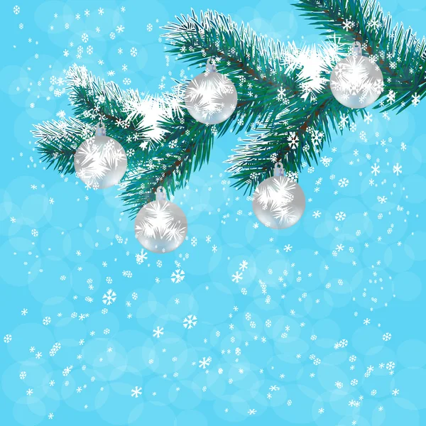 Jul, nyår s-kort. Silver bollar på en filial blå julgran. Bakgrund av fallande snö. Illustration — Stock vektor