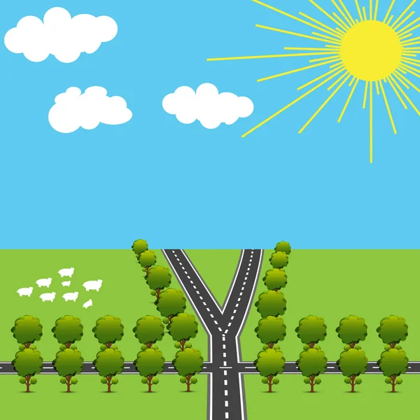 Persimpangan dan jalan percabangan dalam gaya animasi. Pohon hijau. Lanskap. ilustrasi - Stok Vektor