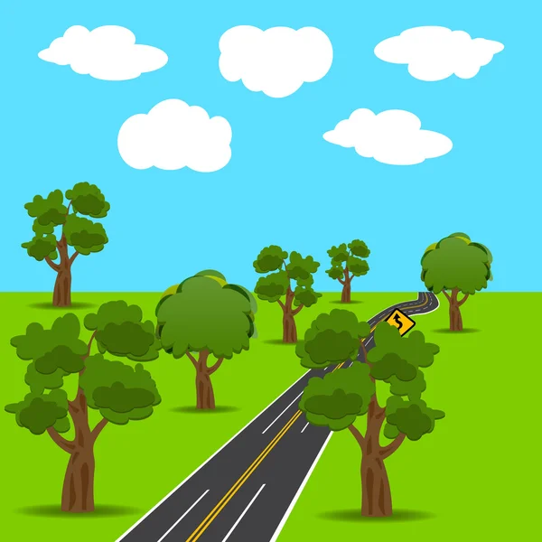 애니메이션 된 스타일의 교차로 및 분기 도로입니다. 녹색 나무입니다. 풍경. 그림 — 스톡 벡터