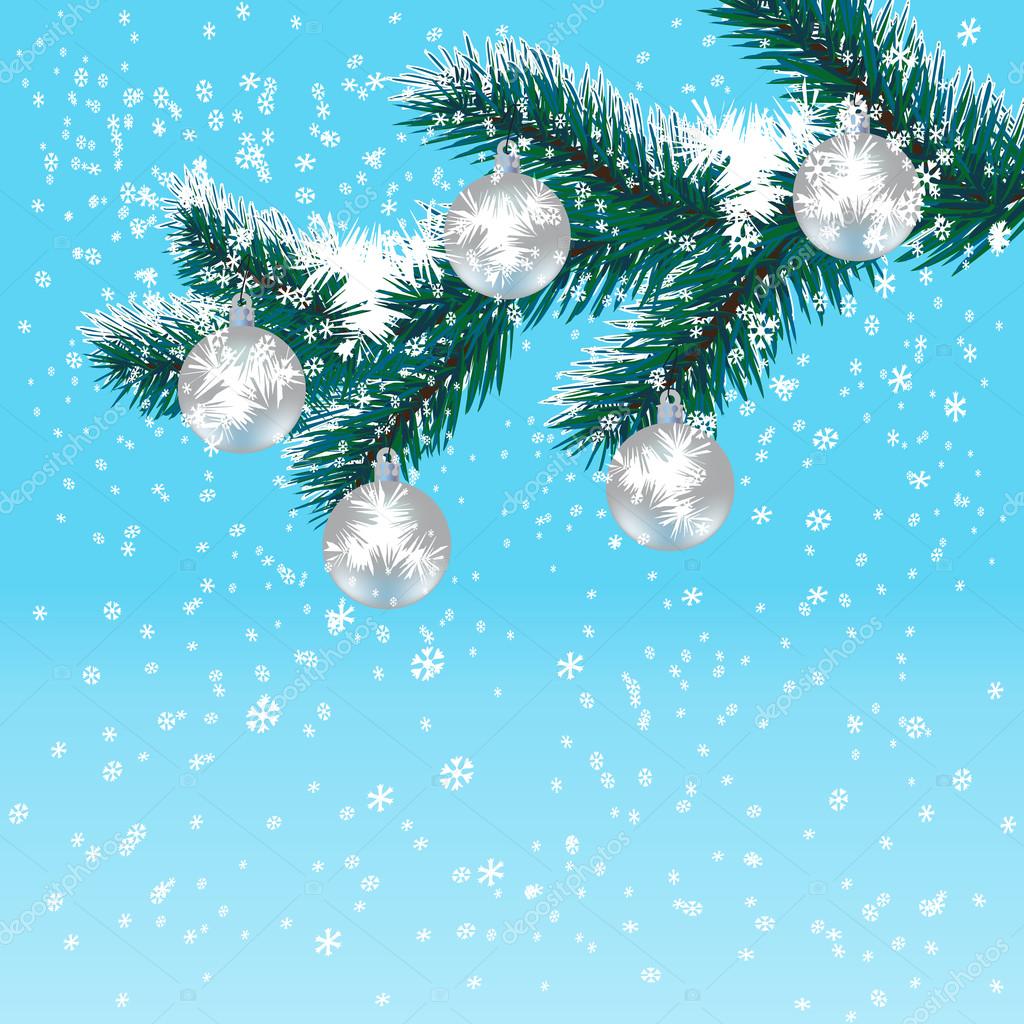 Christmas New Year s card Silver balls on Christmas tree branch Gra nt blue background Falling snow Vector illustration — Vektor od Lily Studio