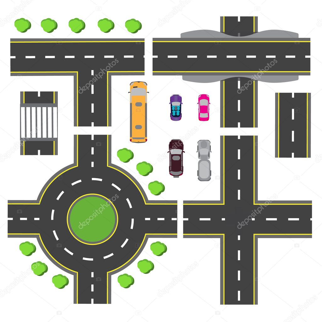 Set design for a transport node. The intersections of various roads. Roundabout Circulation. Transport. illustration