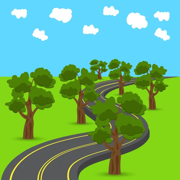 Autopista retrocediendo en la distancia en el estilo animado. Árboles de roble verde en los bordes de la carretera. ilustración — Vector de stock