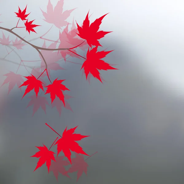 Daun maple merah pada cabang. Peta merah Jepang pada latar belakang pegunungan dalam kabut. Lanskap. ilustrasi - Stok Vektor