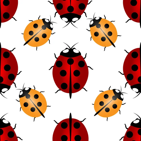Röd och gul nyckelpigor med sju och fem punkter på ryggen-för lycka, sömlösa mönster. Ladybird ändlösa mönster. — Stock vektor