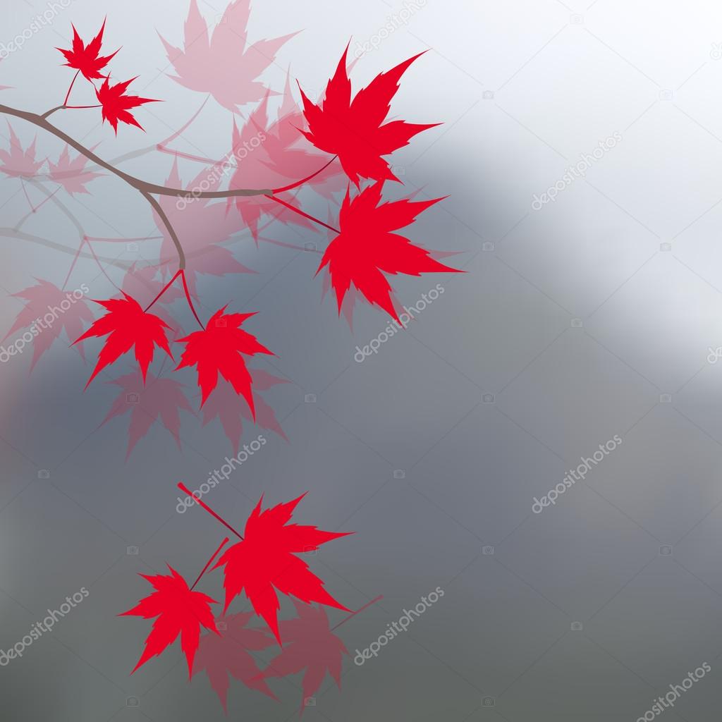 Red maple leaves on the branches. Japanese red maple on a background of mountains in the mist. Landscape. illustration