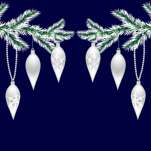 新年のためのおもちゃで霜の木の枝で銀の2つ。クリスマススプルースの枝。青い背景に隔離されています。クリスマスイラスト — ストックベクタ