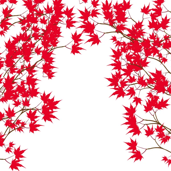 Kartu ucapan. Maple merah daun pada cabang di kedua sisi. Peta merah Jepang pada ilustrasi latar belakang putih - Stok Vektor