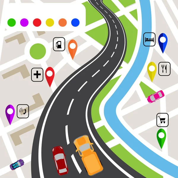 Infografías de carreteras. Carretera sinuosa con marcadores en el terreno del mapa. La ruta especifica el navegador. ilustraciones — Archivo Imágenes Vectoriales