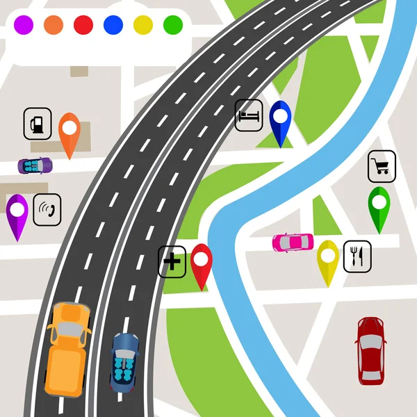 Infografías de carreteras. Ligera curva en la carretera con marcadores en el terreno del mapa. La ruta especifica el navegador. ilustraciones — Vector de stock