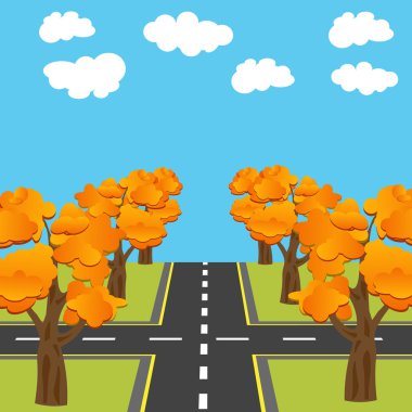 Gelecekte yolların kavşak eşdeğer. Sokak sonbahar oaks illüstrasyon