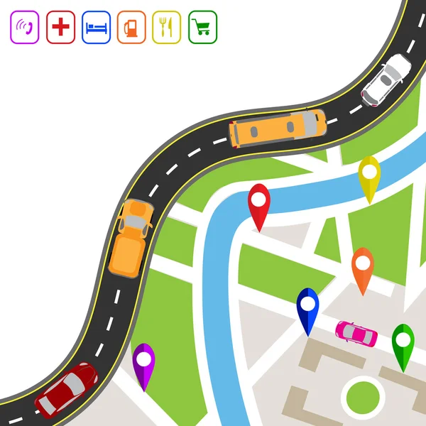 道路のインフォ グラフィック。マップの地形上のマーカーと曲がりくねった道。パスは、ナビゲーターを指定します。トラフィック車の図を表示します。 — ストックベクタ