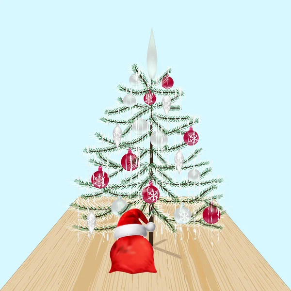 Geschmückter Weihnachtsbaum mit Spielzeug. Neujahrsdekoration. Geschenke vom Weihnachtsmann. Illustration — Stockvektor