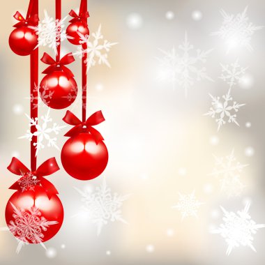 Beş parlak parlak kırmızı top bir yay üzerinde güzel bir Noel arka plan ile. Sıkı bir kaset kar taneleri arasında tutun. Noel oyuncaklar. illüstrasyon