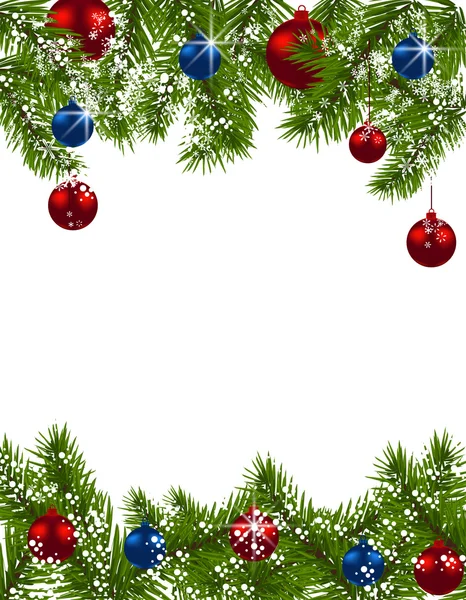 Cartão de Natal. Ramos de abeto verde com bolas vermelhas e azuis no fundo branco. Decorações de Natal. Ilustração —  Vetores de Stock