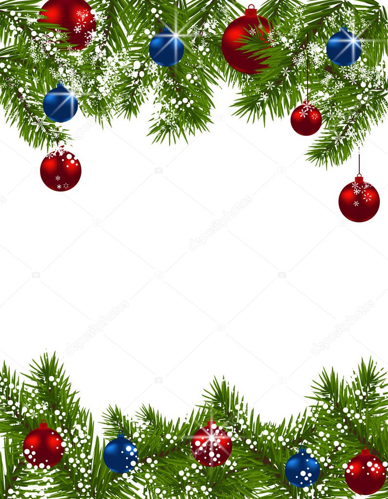 Christmas greeting card. Green fir branches with red and blue balls on white background. Christmas decorations. illustration