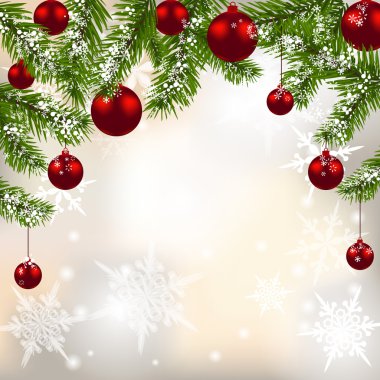 Kar taneleri arka plan üzerinde kırmızı topları ile yeşil çam dalları. Noel süsleri. Noel kartı. Yeni yıl tebrik. illüstrasyon