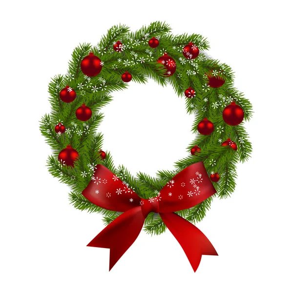 Karácsonyi koszorú. Piros golyó, és íj-fehér alapon zöld fenyő ágak. Karácsonyi díszek. illusztráció — Stock Vector