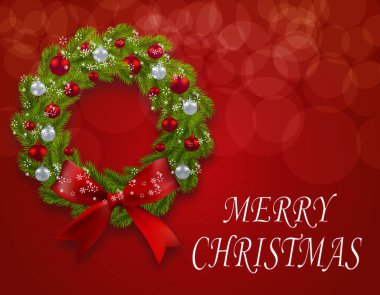 Noel çelenk kart. Yeşil çam dalları kırmızı bir arka plan üzerinde yay, kırmızı ve gümüş baubles ile. Noel kutlu olsun. illüstrasyon