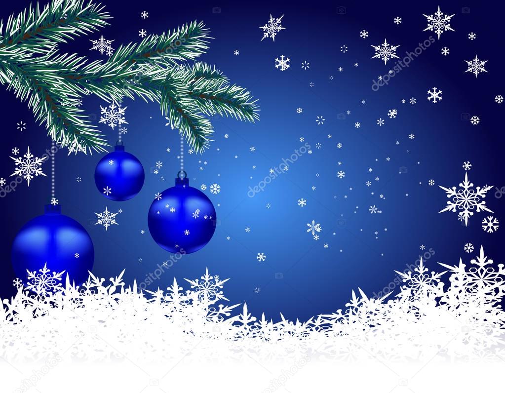 Three blue shiny balls on fir branch Christmas background. Hang among snowflakes. Christmas tree toy. illustration