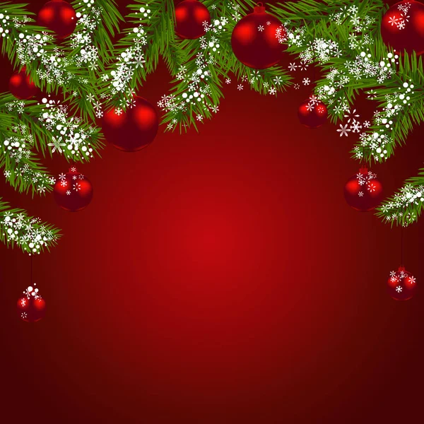 Zöld fenyő ágai a piros golyót. Karácsonyi képeslap. Karácsonyi szimbólum. Új év. Vörös háttérben. illusztráció — Stock Vector