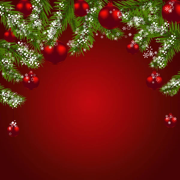 Kırmızı topları ile yeşil çam dalları. Noel Kartpostalı. Noel simgesi. Yeni yıl. Kırmızı zemin üzerine. illüstrasyon