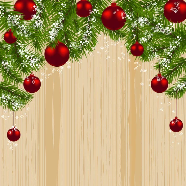 Ramo verde di abete con palle rosse e fiocchi di neve su uno sfondo di legno. Biglietto di Natale. Simbolo di Natale. Felice anno nuovo. illustrazione — Vettoriale Stock