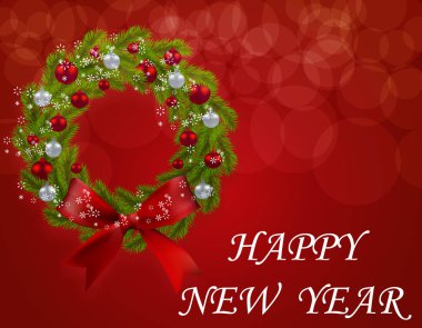 Noel çelenk kart. Yeşil kırmızı bir arka plan üzerinde kırmızı ve gümüş baubles ile köknar ağacı dalı. Yeni Yılınız Kutlu Olsun. illüstrasyon