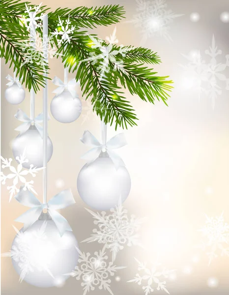 Cinco bolas de plata brillante brillante con arcos y rama de abeto en hermoso fondo de Navidad. Agárrate a una cinta entre copos de nieve. Juguetes de Navidad. ilustración — Vector de stock