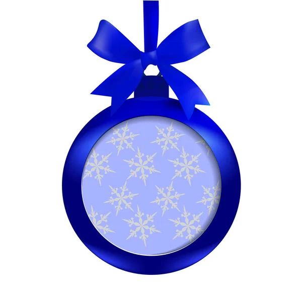 Kártya kék labdát egy íj és a helyét egy fehér háttér a felirat. Lógott a szalag. Karácsonyfa játék. illusztráció — Stock Vector