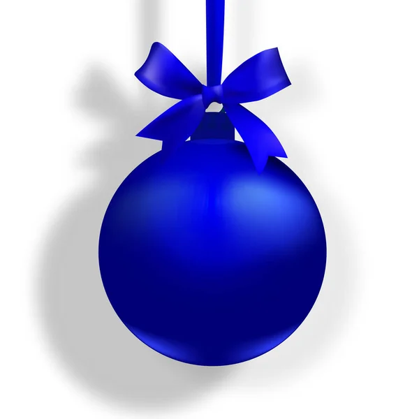 Bola azul con lazo y lugar para una inscripción sobre fondo blanco con sombras. Colgando de una cinta. Juguete árbol de Navidad. ilustración — Vector de stock