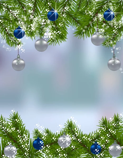 Biglietto natalizio. Rami di abete verde con palle d'argento e azzurre sullo sfondo reale. Su e giù. Addobbi natalizi. illustrazione — Vettoriale Stock